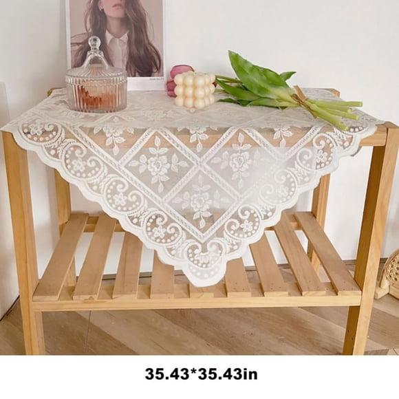 Square Lace Tablecloth, 35.43X35.43 Inches, Vintage Embroidery Style Crochet Tablecloth, French Floral Pattern Design, Suitable for Rural Dining Tables, Windowsills, Parties, Weddings