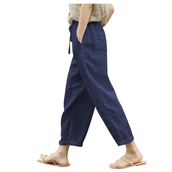 LOVZFMLL Women's Pants, Fashionable Solid Color Pocket Drawstring Linen Pants Navy, L