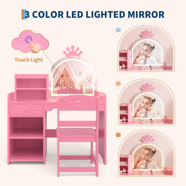 AKDSteel Kids Vanity Table & Chair Set with Mirror and Lights,White Makeup Desk with Drawer & Shelves