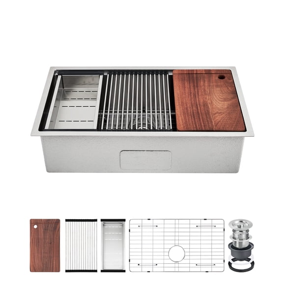 Bassin de Cuisine Encastré Fait à la Main en Acier Inoxydable de Calibre 16 - Poste de Travail à Bol Unique avec Accessoires - Bassin Profond de 10 Pouces Ensemble de 5 Pcs, Acier Inoxydable Couleur Originale, Trou Unique-33x19x10 Pouces
