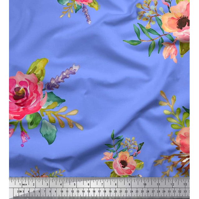 Soimoi polyester Crepe Fabric Leaves & Anemone Flower Print Sewing Fabric Yard 42 Inch Wide