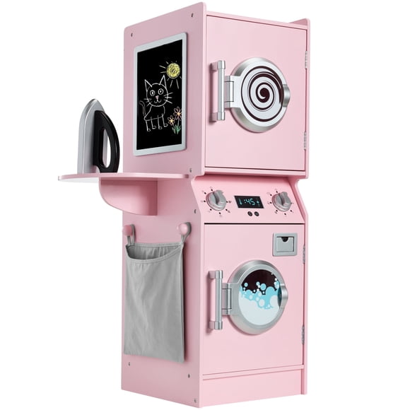 Best Choice Products Pretend Play Kids Wooden Stacked Washer & Dryer Set w/ Toy Laundry Storage and Accessories - Pink