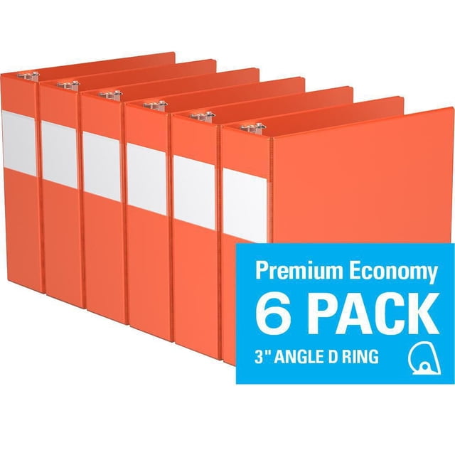 Davis Group Premium Economy D Ring Binder 6 Pack, 3 inch, featuring six orange binders with white label holders on the spine and 3 inch angled D rings with 625 sheet capacity, ideal for office supplies, document organization, and academic use.