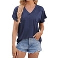 thumbnail image 2 of Fashion Womens Solid Color Loose T-Shirt Short Sleeved V-Neck Top, 2 of 9