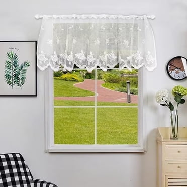 ZH.H Cantonnière en Dentelle Florale Courte Transparente pour Café Cuisine, Poche pour Tringle à Rideau pour Fenêtre Porte 12 Pouces x 59 Pouces Blanc