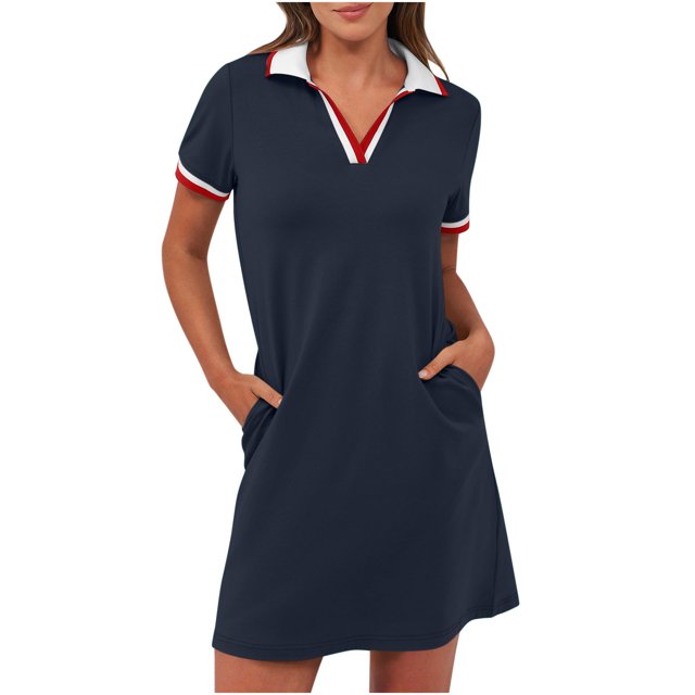 Dvprdro Robes pour Femmes Mode Classique Solide Manches Courtes Mini Robe Décontractée Été Tennis Golf Chemise Robe avec Poches
