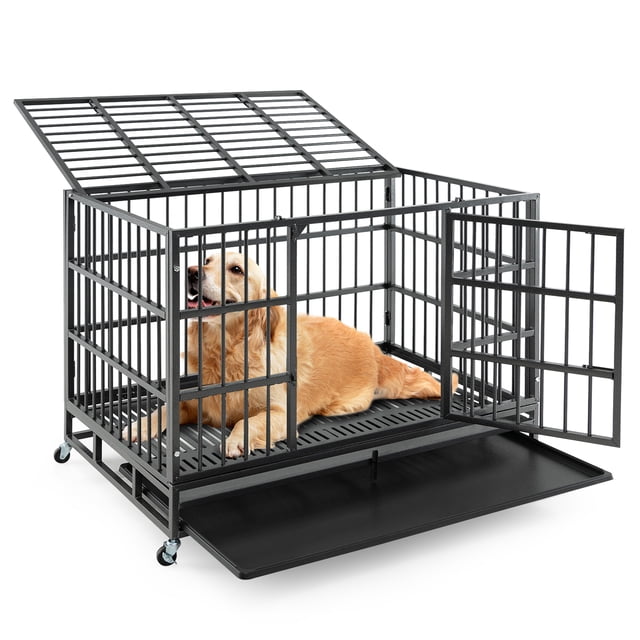 Gymax Cage pour Chien en Métal Pliable Robuste de 48 Pieds' avec Roulettes Verrouillables Noire