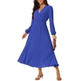 thumbnail image 4 of INSPIRE CHIC Robe Plissée pour Femme Manches Longues Bouffantes Col en V Robe avec Ceinture à la Taille P Bleu Royal, 4 of 7