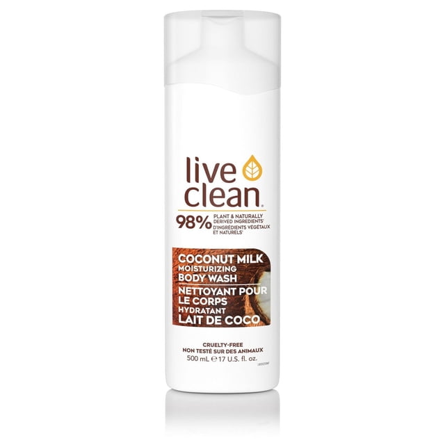 Live Clean Gel Douche Hydratant au Lait de Coco en Bouteille Blanche de 500 ml avec Bouchon à Rabat, Comprenant 98 % d'Ingrédients d'Origine Végétale et Naturelle, Formule Sans Cruauté et Hydratante Adaptée aux Soins du Bain et de la Douche.