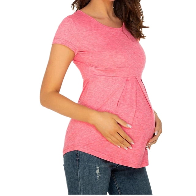 TIMIFIS T-Shirts de Maternité pour Femmes Été Manches Courtes T-Shirts Décontractés Amples Col Rond Plis devant T-Shirts de Grossesse - Printemps/été