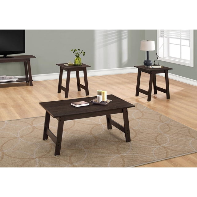 Monarch Specialties Table Set, 3pcs set with a rectangular coffee table and two matching square end tables in rich brown cappuccino laminate, arranged on a beige patterned rug in a living room with light wood floors and gray walls, ideal for small spaces and versatile living room furniture.