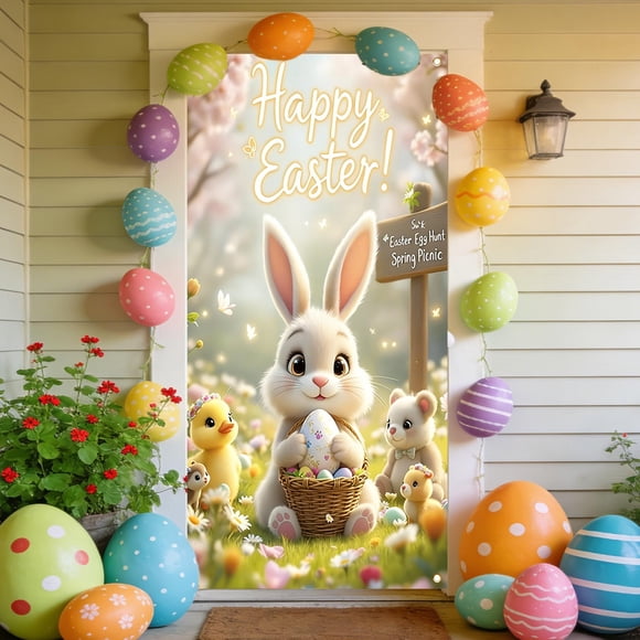 Weloille Housse de Porte de Pâques 2,92 x 5,92 Pi, Motif Vibrant Lavable, Rideau de Porte Résistant aux Déchirures, Déco des Fêtes pour Porte d'Entrée, Porche, Fête, Maison