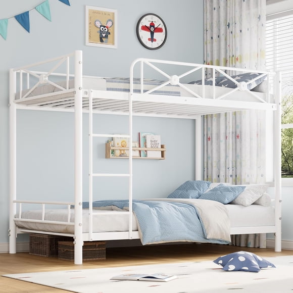 Metal Bunk Bed Twin Over Twin, Industrial Bunkbeds Heavy Duty Bed with Safety Guard Rails and Space-Saving Design, Steel Bed for School, Bedroom, White