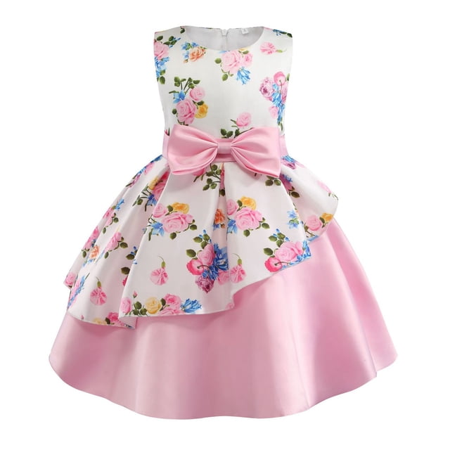 Robes pour Adolescents Sans Manches Robe de Concours Fête d'Anniversaire Imprimés Floraux Nœud Papillon Robe Princesse Tout-Petit Rose 2-3 Ans