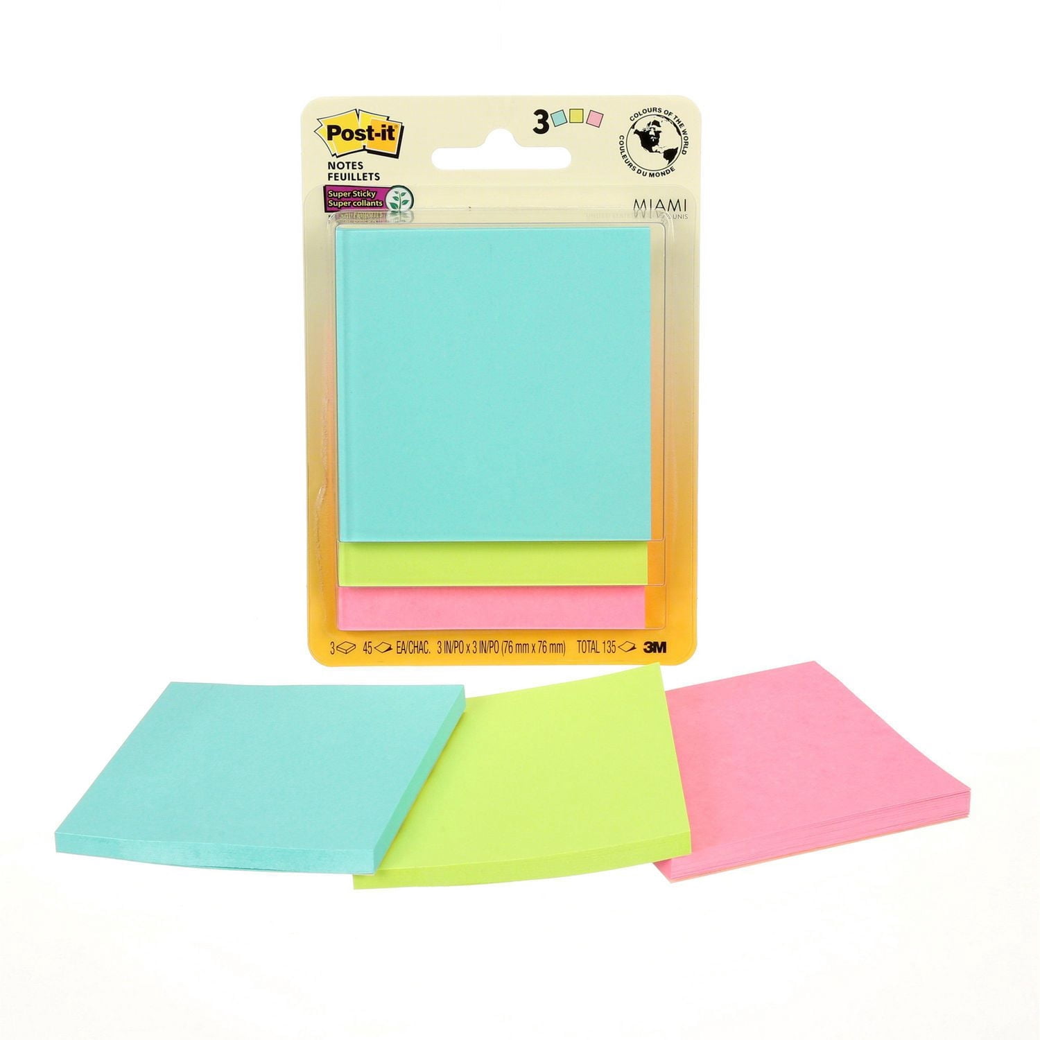 Feuillets super collants Post-it®, collection Miami, 7,6 cm x 7,6 cm (3 po x 3 po)