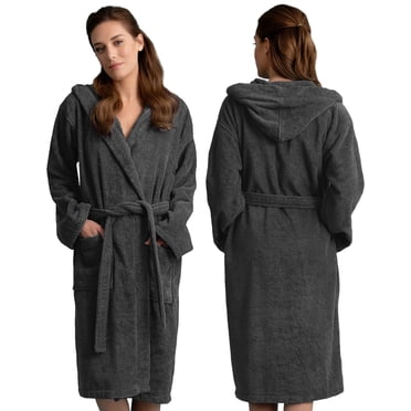 Terry Women Cloth Warm Bathrobe Cotton for Adult Hooded Shower Bath Soft Plush Hotel Spa Massage Salon Resorts Lounge, Large, Dark Grey