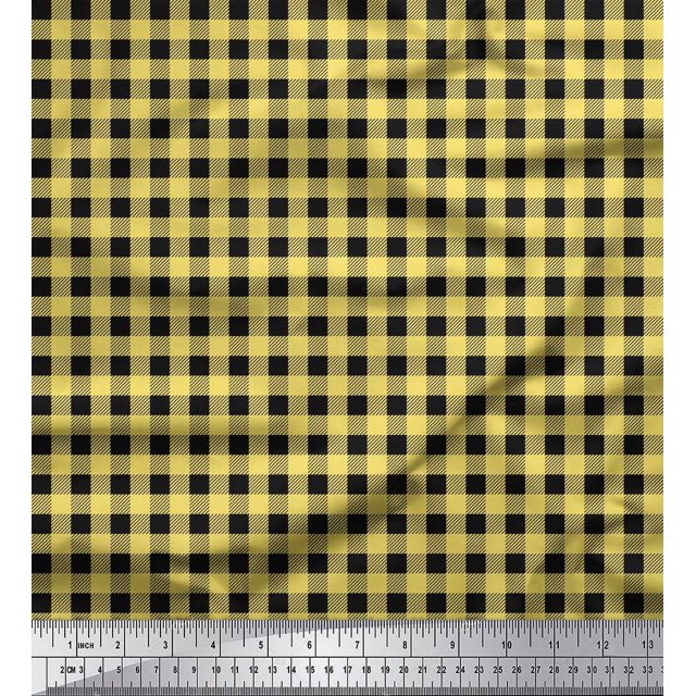 Soimoi Yellow Heavy Satin Fabric Check Check Print Sewing Fabric Yard 54 Inch Wide