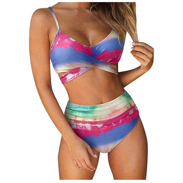 Flywake Women Criss Cross High Waisted String Floral Printed Print Bandage 2 Piece Bathing Suits in multicolour, designed with a criss-cross top and high-waisted bottoms. This two-piece swimsuit features vibrant floral patterns, perfect for women's swimwear during beach vacations or poolside lounging.