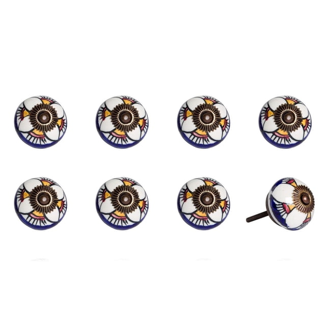 KNOB-IT vintage handpainted ceramic knobs 8 pack with 1.5 inch diameter, white ceramic base decorated with blue, yellow, and red floral pattern and antique brass center, each knob includes a 1.25 inch bolt that can be trimmed, ideal for cabinets, drawers, and cupboards, shown front-facing with one knob angled to display the bolt.