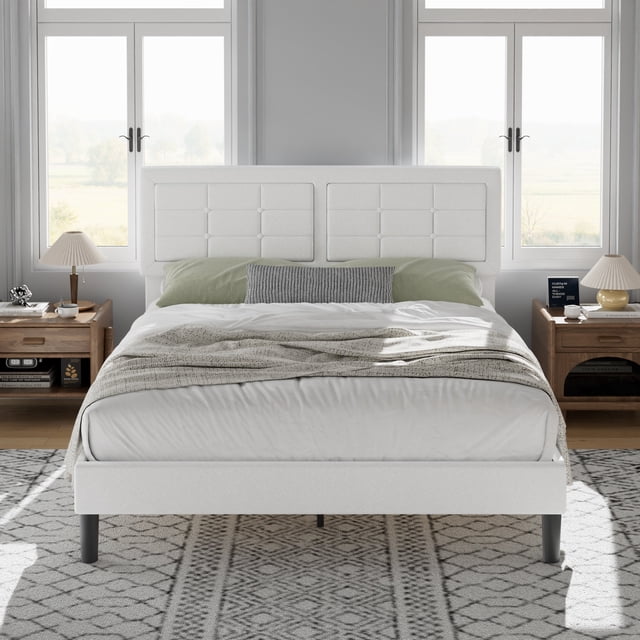 VECELO Full Bed Frame with Adjustable Height Headboard, Upholstered Button Tufted Platform Bed for Bedroom, No Box Spring Needed, Easy Assembly, White
