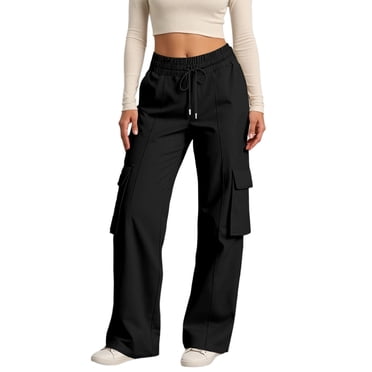 Fgnfyis Womens Casual High Waist Loose Fit Elastic Waistband Drawstring Utility Wide Leg Cargo Pants Women Comfortable Pocket Black S