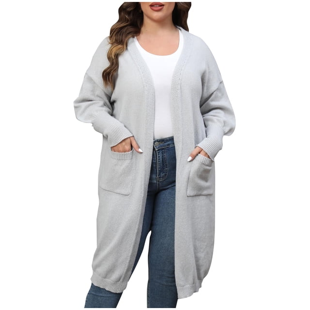 CEHVOM Women's Fashion Solid Color Plus-Size Loose MIDI Style Double Pockets Sweater Tops Clearance