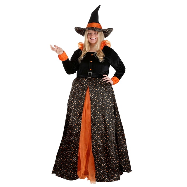 Women's Plus Size Sparkling Orange Witch Costume
