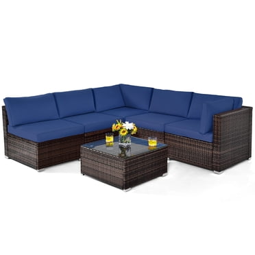 Patiojoy Ensemble de Conversation Sectionnel de Patio en Osier 6 Pcs avec Table à Café et Coussins de Siège Bleu Marine