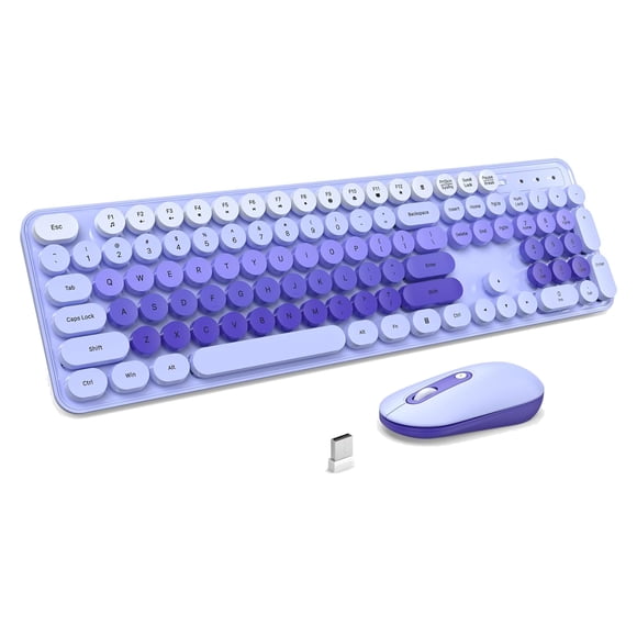 Teetheory Combo Clavier et Souris Sans Fil, Clavier Ergonomique Portable Silencieux, 2,4G Prêt à l'Emploi, Mise en Veille Automatique, Touches Rondes Vintage - Violet