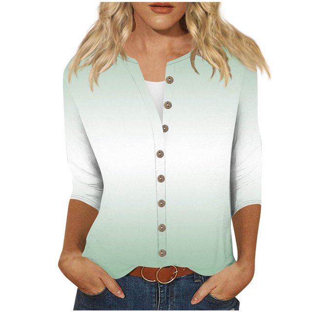 cfhntfmh 3/4 Length Sleeve Womens Tops Fashion V Neck Loose Printed Cardigans Lounge Buttons down Blouses