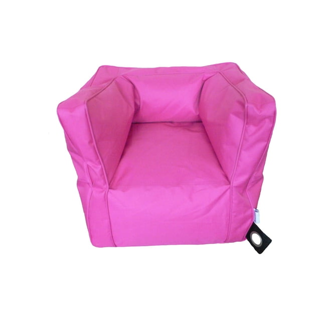 Boscoman Magic Pink Bean bag Chair in bright pink with a boxy armchair design, made of durable, easy-to-clean fabric with a smooth texture, featuring a sealed zipper and black pull tab, ideal for kids' bean bag seating in playrooms or family rooms.