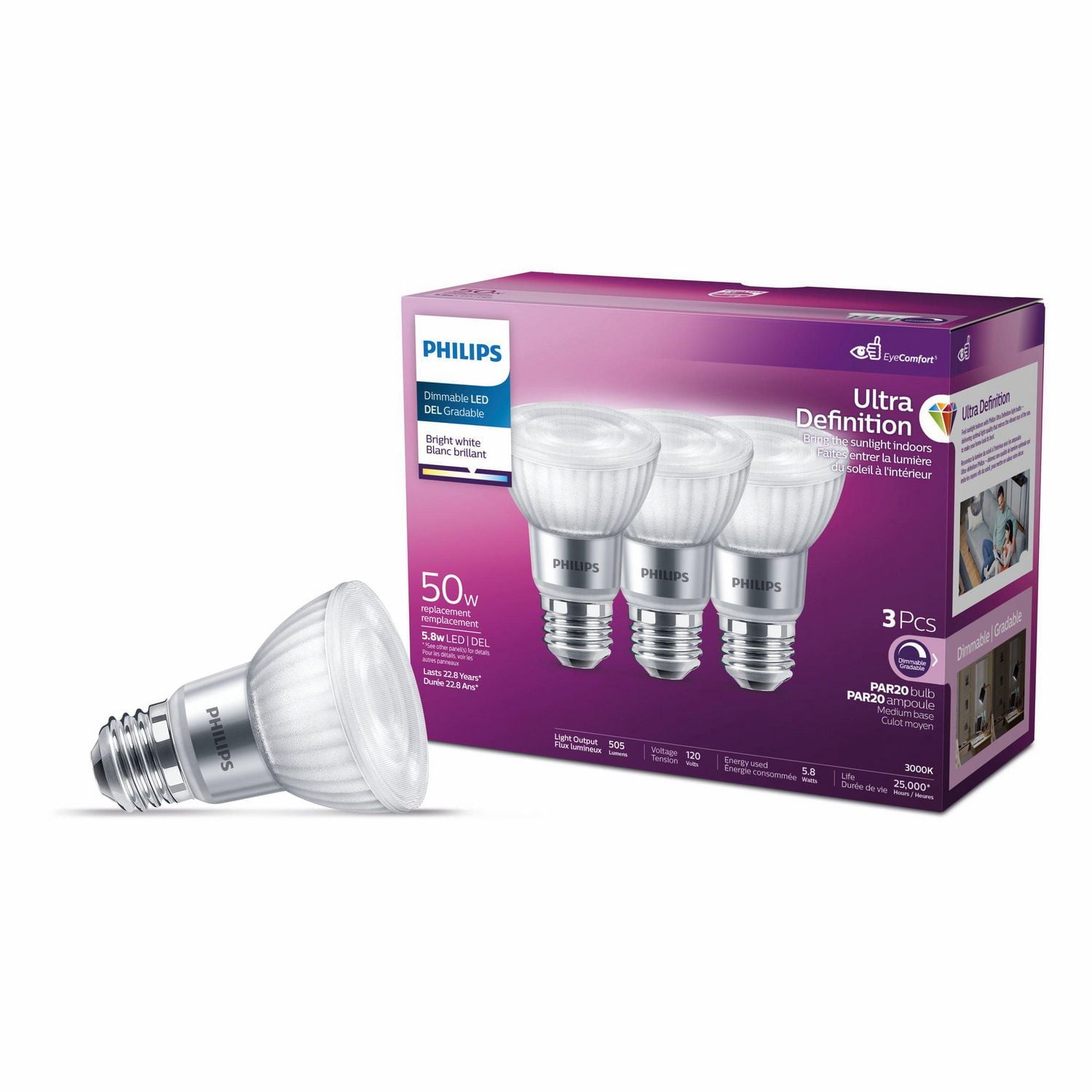 PHILIPS 5.5W 50W PAR20 Medium Base Ultra High Definition Bright White Dimmable LED Light Bulbs - 3 Pack