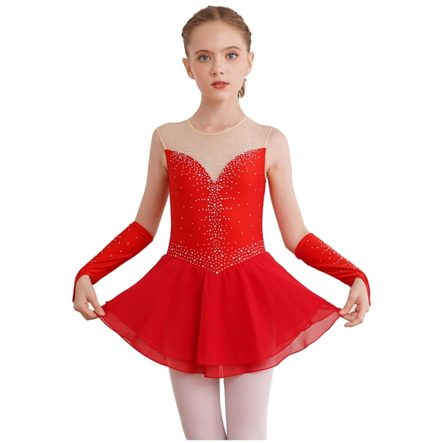 JanJean Robe Justaucorps de Patinage Artistique Sans Manches pour Filles Enfants en Maille à Strass avec Empiècement, et Gants, Costume de Compétition Rouge 10