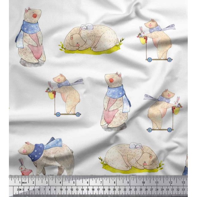 Soimoi polyester Crepe Fabric Cycle,Rabbit & Bear Kids Printed Fabric 1 Yard 52 Inch Wide