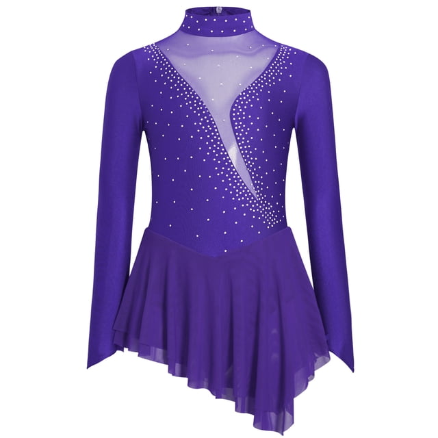 RUNQHUI Robe Justaucorps de Danse Ballet de Patinage Artistique pour Filles Enfants à Col Montant, Manches Longues, en Maille, Brillante avec Strass, Violet 10
