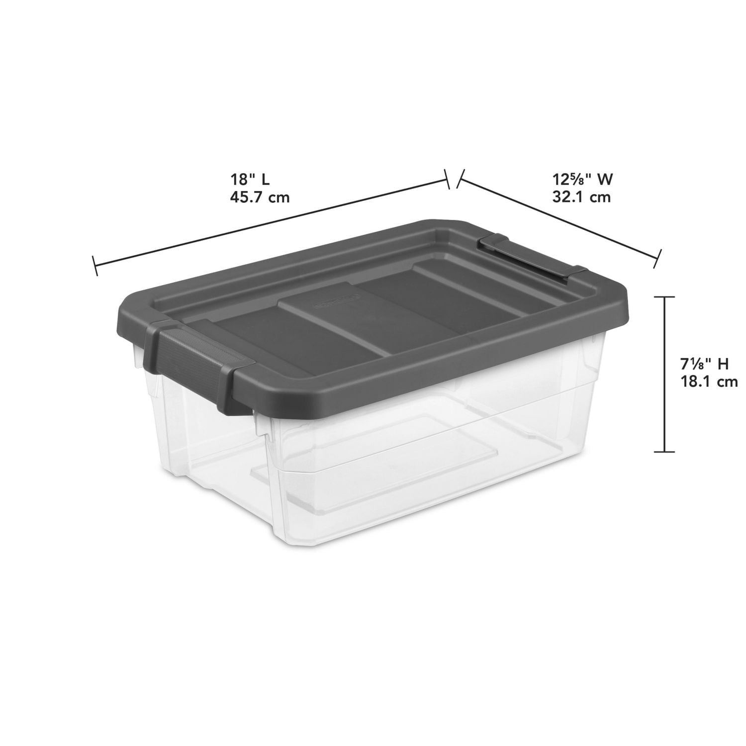 Sterilite 15 L Stacker Box, Durable Clear Plastic Storage Bin with Latch Lid, Dark Gray