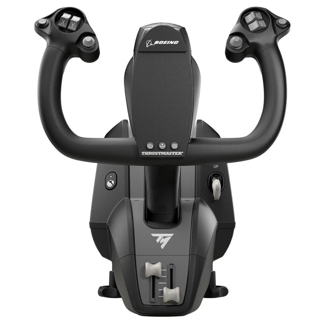 Thrustmaster TCA Yoke Boeing Edition avec une Réplique Ergonomique à l'Échelle 1:1 du Boeing 787 à Empeigne en Noir Mat, Dotée de Poignées de joystick Doubles, de Multiples Boutons d'Action Incluant X, Y, a, B et d'Un Panneau central avec les logos Boeing et Thrustmaster, Conçue pour les Commandes de Vol Xbox Series X/S et PC et le Matériel de simulation.