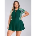 thumbnail image 4 of HULIJA Woman Plus Size Swimwear Short Sleeve Zip Neck One Piece Swimdress Rash Guard Bathing Suits Green XL, 4 of 7