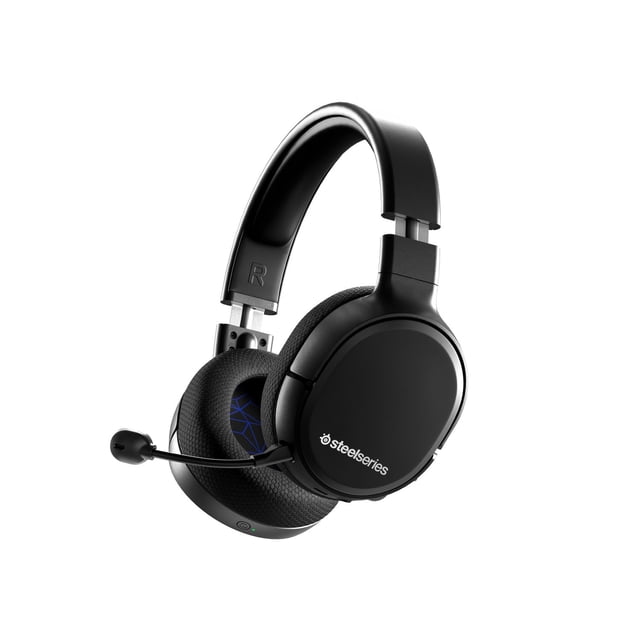 SteelSeries Arctis 1 Wireless PlayStation Gaming Headset in black matte finish with detachable noise-cancelling microphone, breathable AirWeave ear cushions showing blue geometric pattern, and adjustable steel-reinforced headband, designed for low-latency wireless gaming on PS5, PS4, Switch, PC, and mobile, also ideal for portable gaming with USB-C dongle.