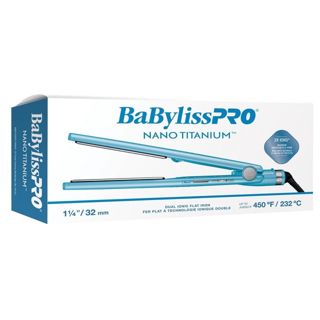 Nano-Titanium™ 1-1/4" Dual Ionic Flat Iron in blue with floating titanium plates and digital controls, featuring dual ion technology for frizz reduction and styling flexibility, heats up to 450°F (232°C), shown on white BaBylissPRO packaging.