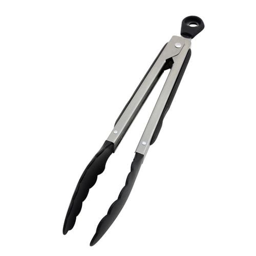 Mainstays Multi-purpose Tongs 27cm with stainless steel handles and black nylon heads featuring anti-slip grips, ideal for kitchen utensils and cooking tasks including grilling and serving food.