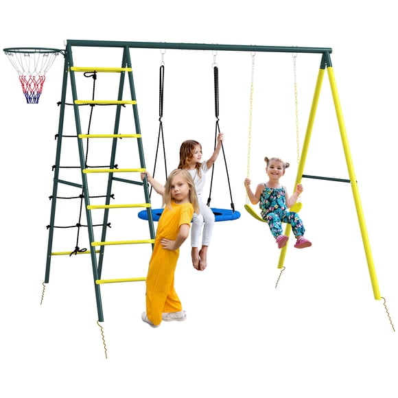 Outsunny 4 in 1 Swing Set for Kids 3-8 Years Backyard Outdoor, Yellow