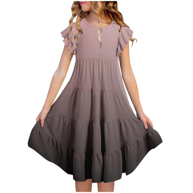 RXIRUCGD 2025 Vêtements d'Été pour Enfants Mode Filles Nouvelle Robe d'Été à Manches Courtes Poches à Volants Col Rond Imprimé