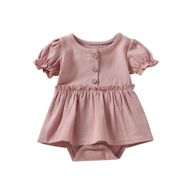 Xingqing Barboteuse-Robe pour Bébés Filles, Vêtements d'Été, Uni, Manches Courtes, Boutons, Volants, Combinaison, Cache-Couche