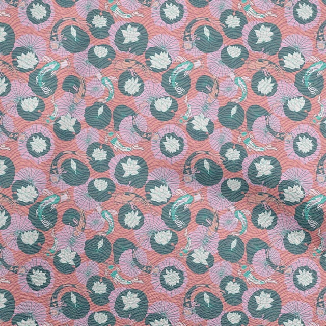 oneOone Velvet Peach Fabric Asian Japanese Koi Fish with Abstract Flower Sewing Material Print Fabric by The Yard 58 Inch Wide
