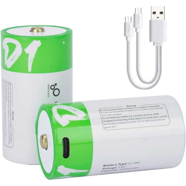 USB D Lithium ion Rechargeable Battery, High Capacity 1.5V 12000mWh Rechargeable D Battery, 4 H Fast Charge, 1200 Cycle with Type C Port Cable, Constant Output,2-Pack