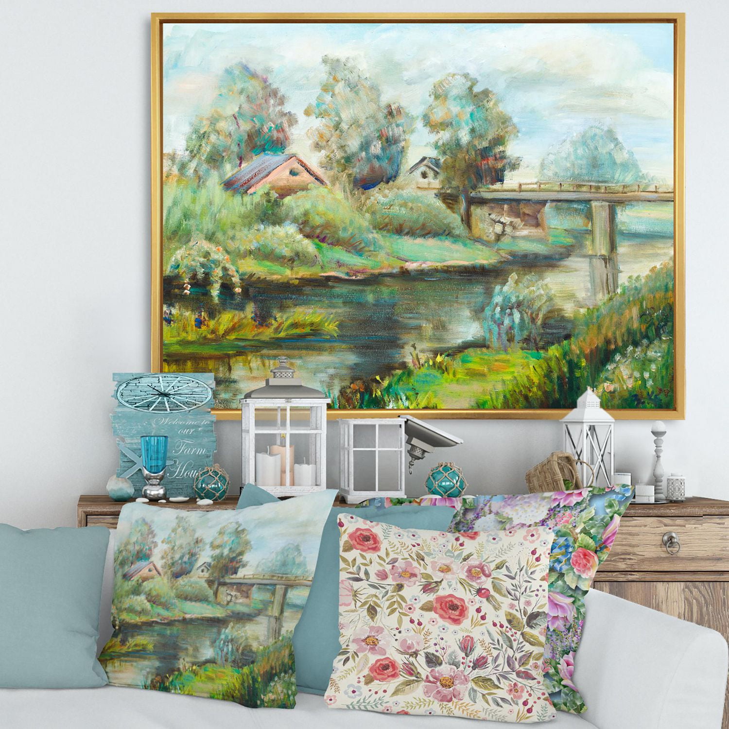 Designart Pont sur la rivière dans un paysage rustique ART MURAL À CADRE FLOTTÉ