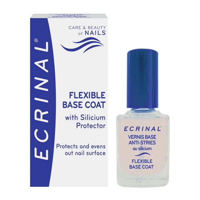 Ecrinal Flexible Basecoat with Silicium Protector showing a clear glass bottle with blue cap and matching white and blue box, designed to fill nail ridges, smooth uneven nail surfaces, and strengthen nails as a vegan, cruelty-free nail polish base coat.