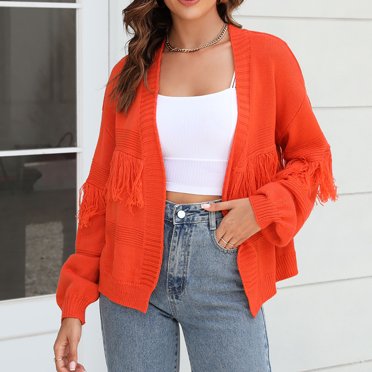 Summer Saving Clearance ! Women's 2023 Fall Winter Short Tassel Spliced Knitted Cardigan Casual Lightweight Soft Open Front Cardigan Sweater Jacket