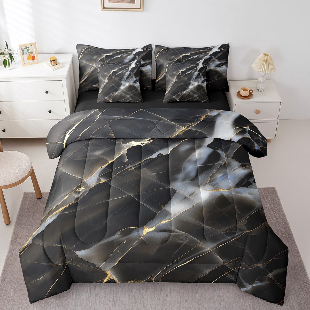 YST Abstract Dark Grey King Comforter Set, 7-Piece, Black Marble Bedding, Gold Metallic, Geometric Patchwork, King
